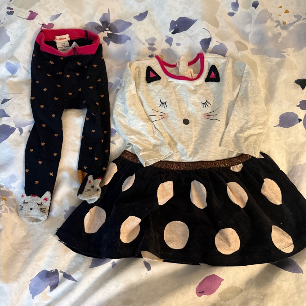 Beautiful Catimini baby girl kitty dress and tights. Size 6-9M